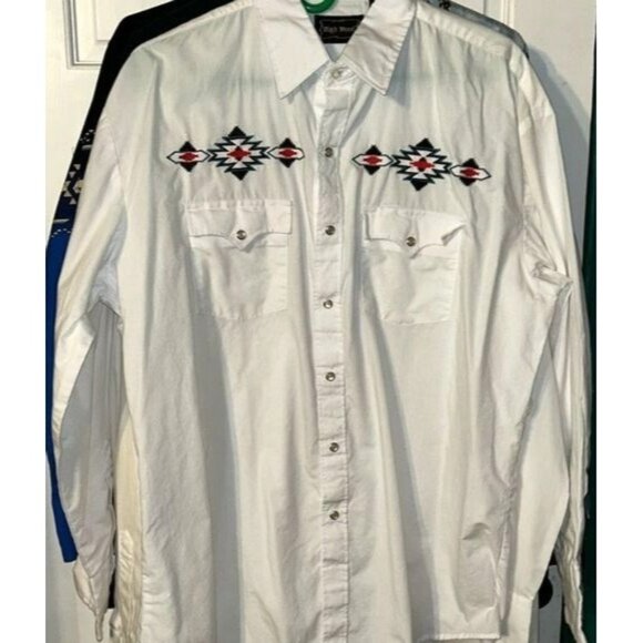 High Noon Western Shirt Long Sleeve Snap Button Aztec Embroidery White L Cotton